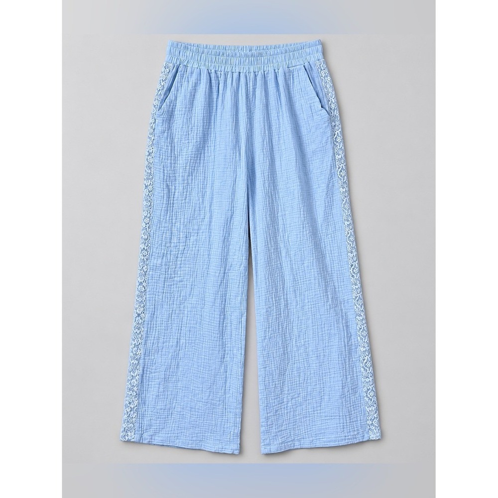 Wide Leg Gauze Cotton Pants Large Powder Blue Lace Trim Bohemian Soft Girl